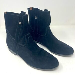 Frye Black Leather & Suede Pull-On Booties – Almond Toe, Size 9.5